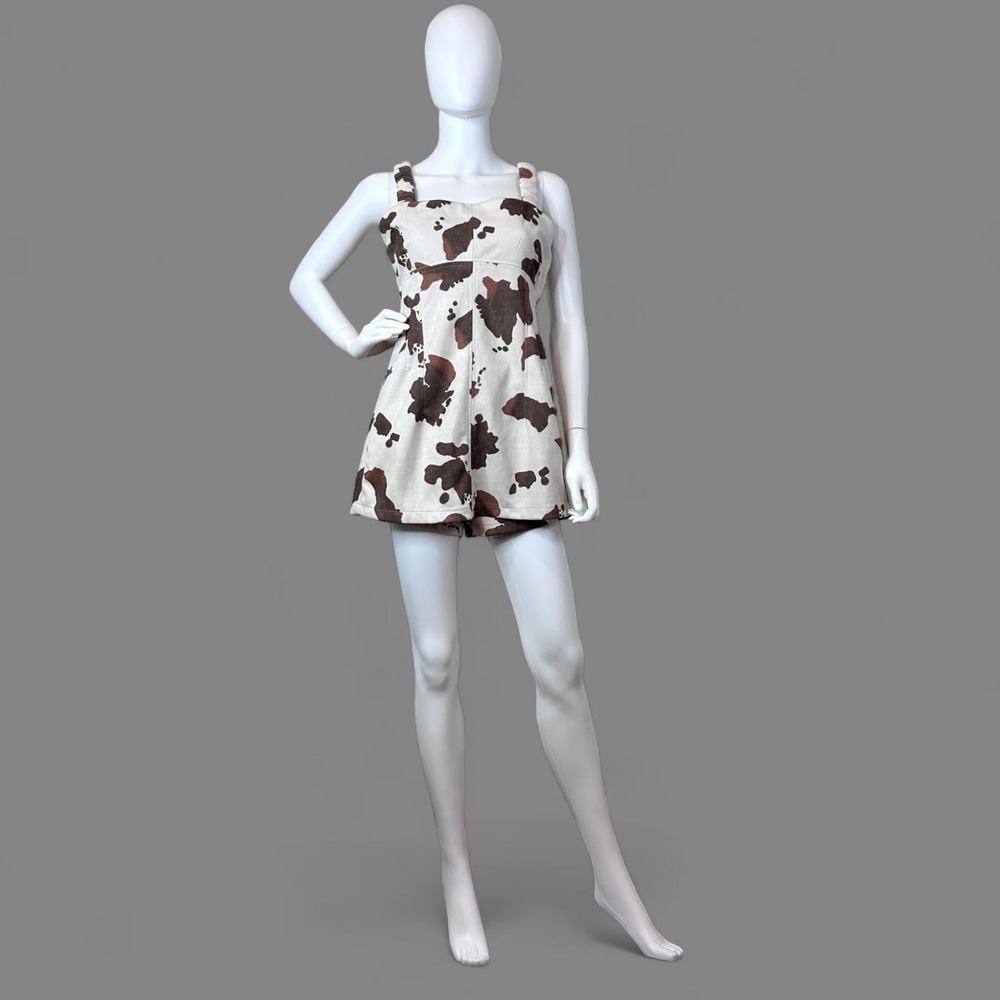 Molly Green Cow Print Romper Large Brown Cream Square Neck Western Y2K